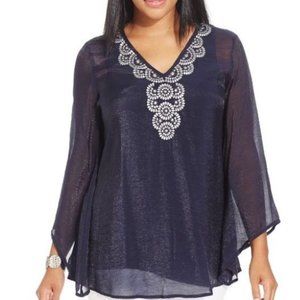 ALFANI NAVY ANGEL-SLEEVE EMBROIDERED TOP